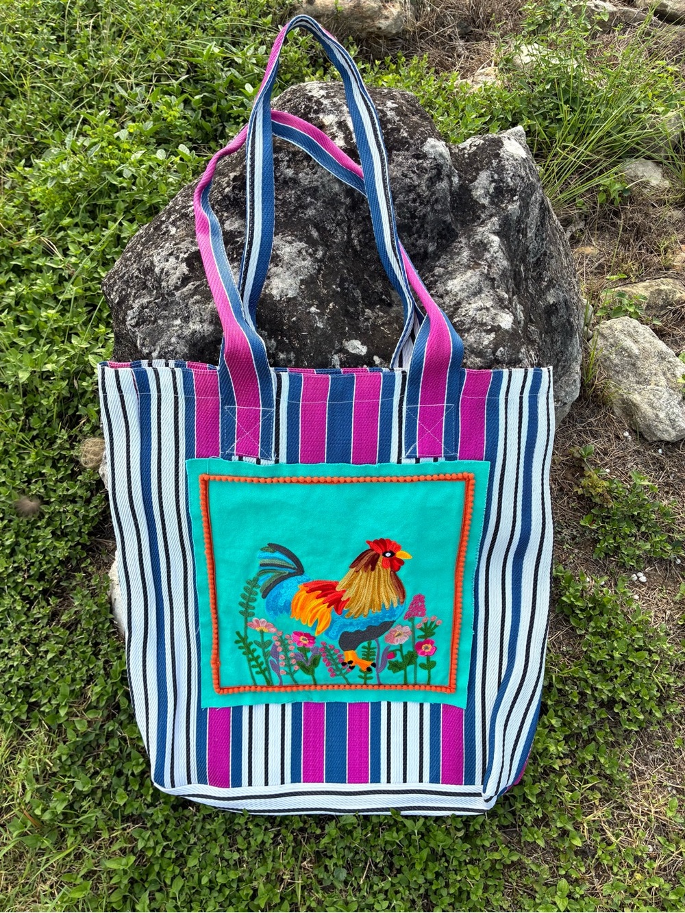 Karma Living Recycled Plastic Tote Bag Embroidered Rooster Colorful Striped Boho